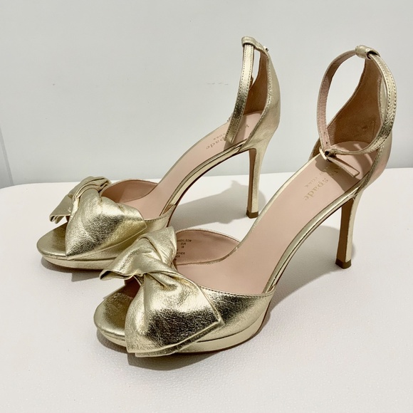 Kate Spade Bridal Bow Gold Leather Platform Sandal Stiletto Heel Evening Pumps 9 - Picture 6 of 10